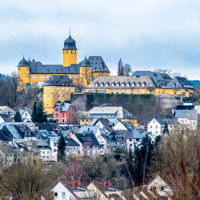 Außenaufnahme des Schloss Montabaur aus der Ferne, davor im Bild der Ort Montabaur